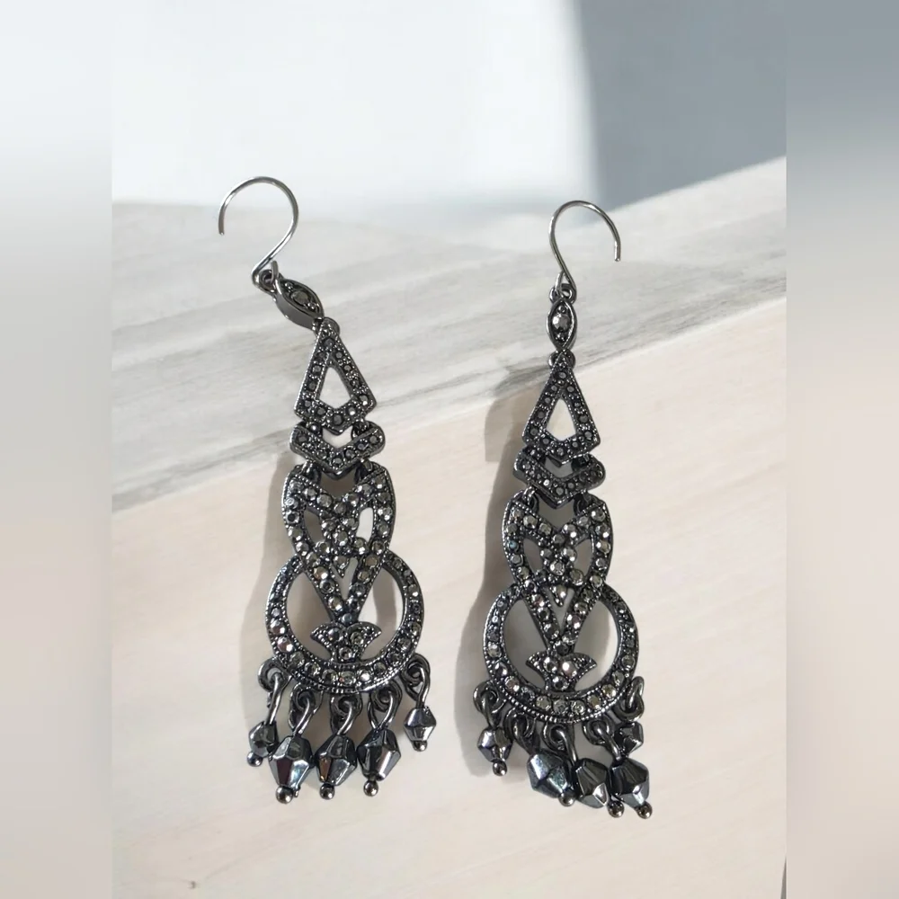 Vintage Monet Silver Tone Rhinestone Dangle Earrings